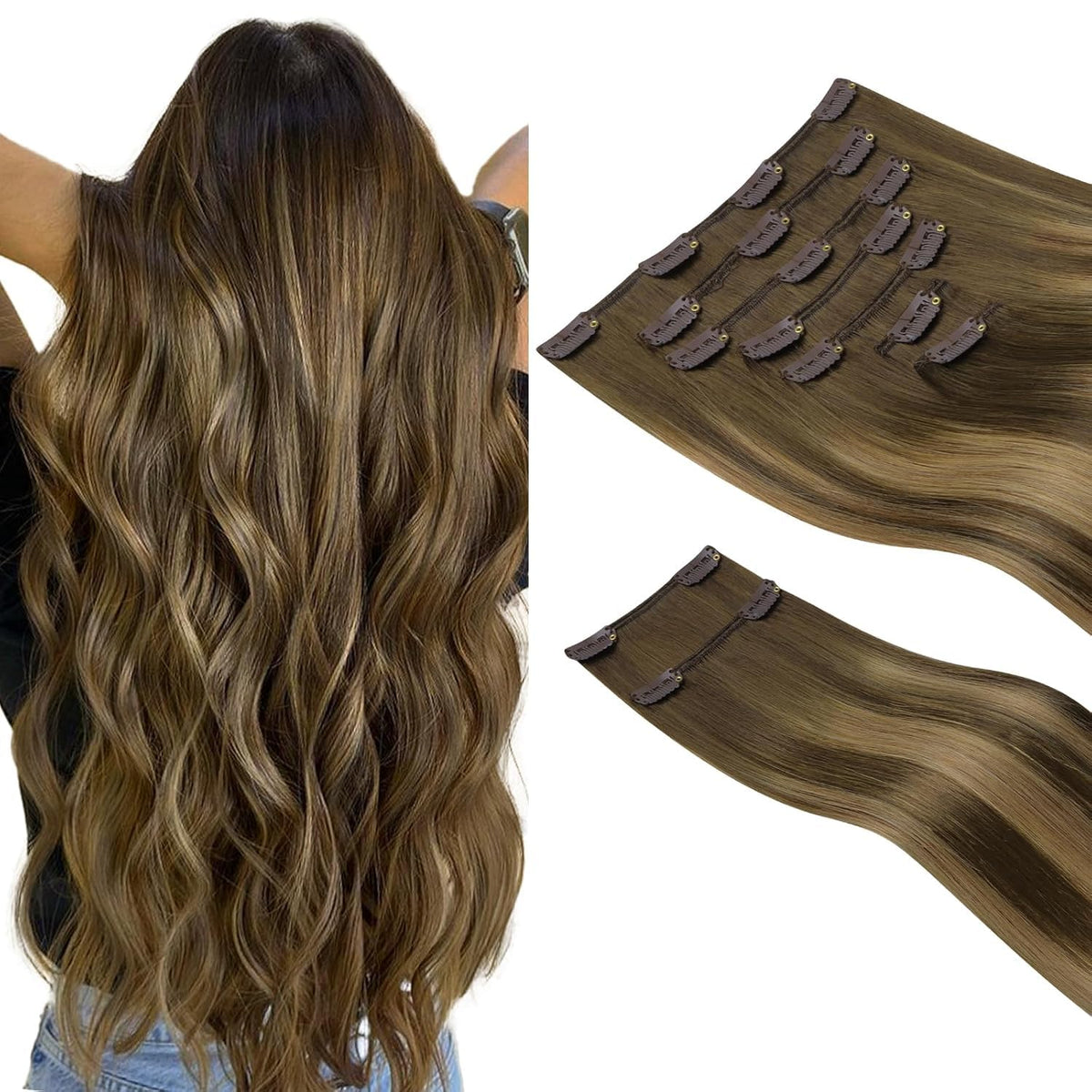 hotbanana clip in hair extensions 22 inch balayage chocolate brown to caramel blonde front view