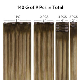 hotbanana clip in hair extensions packaging showing 9 pieces