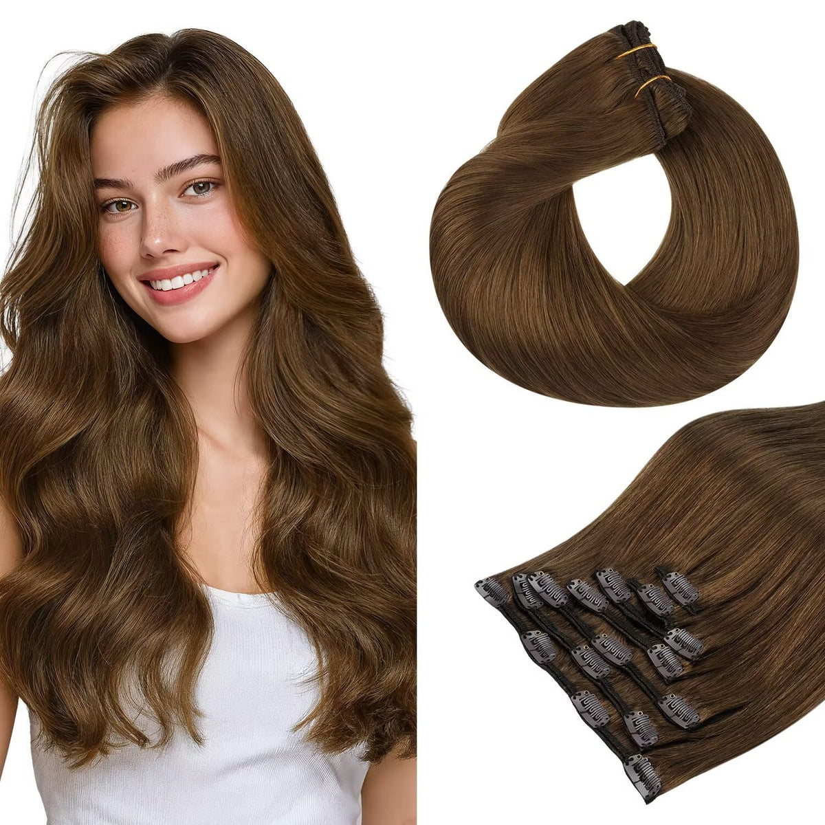 hotbanana Human Hair Clip in Extensions 18 Inch Light Auburn Brown front view