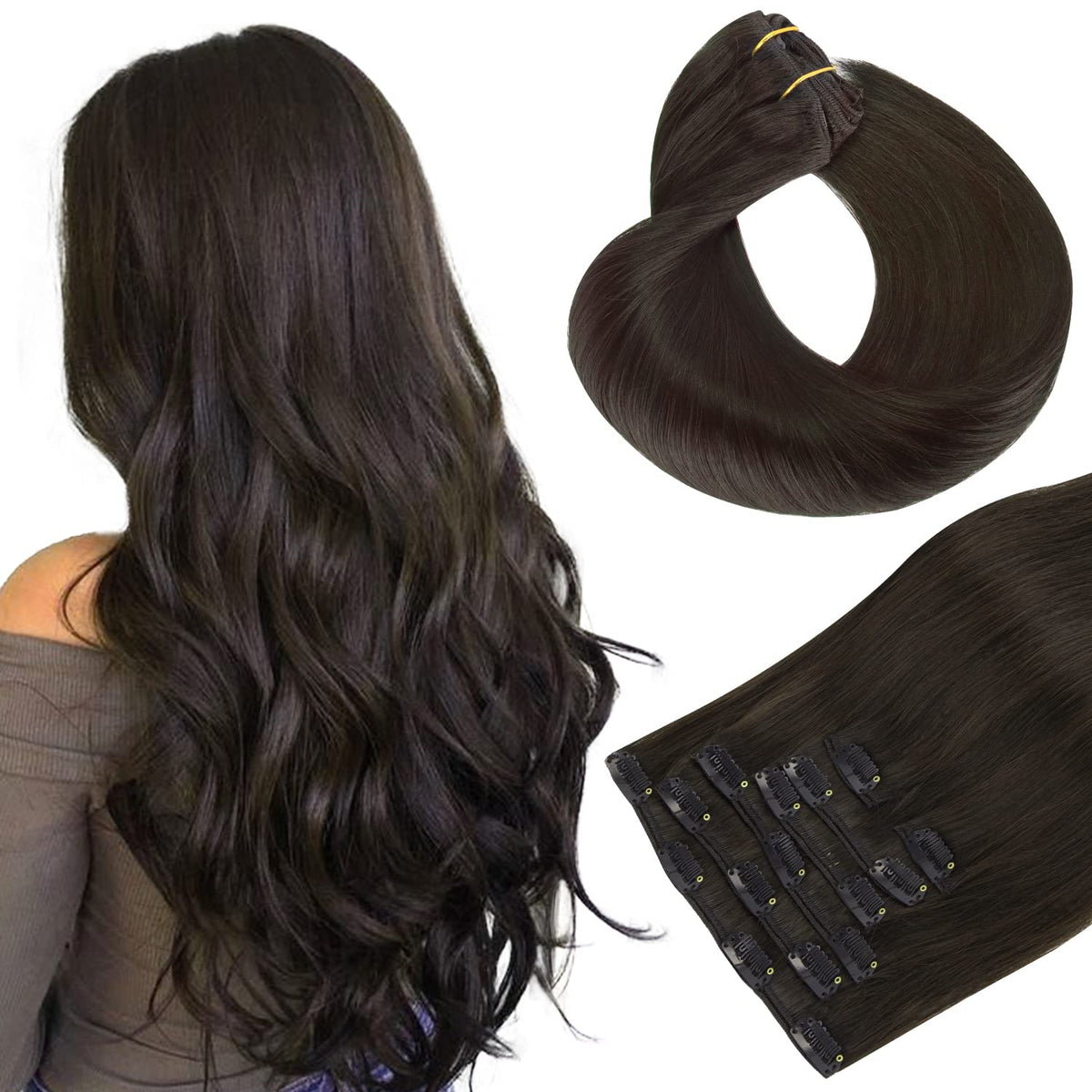 hotbanana Human Hair Clip in Extensions Dark Brown 16 Inch front view