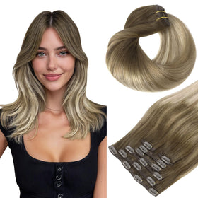 hotbanana Human Hair Clip in Extensions Ombre Walnut Brown to Ash Brown front view