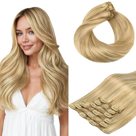 hotbanana Human Hair Clip in Hair Extensions 16 Inch Balayage Blonde front view