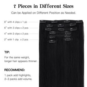 hotbanana Human Hair Clip in Hair Extensions Jet Black 16 Inch close-up of clips