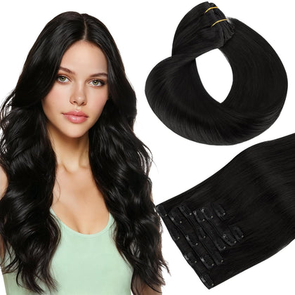 hotbanana Human Hair Clip in Hair Extensions Jet Black 16 Inch front view