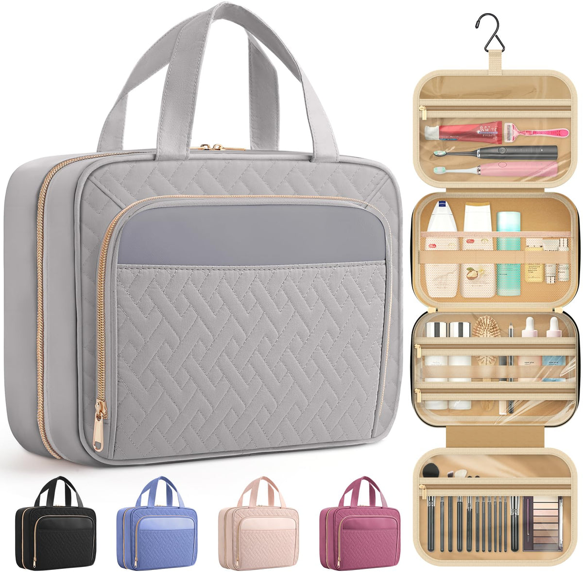 HOTOR Hanging Travel Toiletry Bag grey front view with compartments