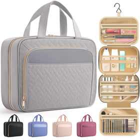HOTOR Hanging Travel Toiletry Bag grey front view with compartments