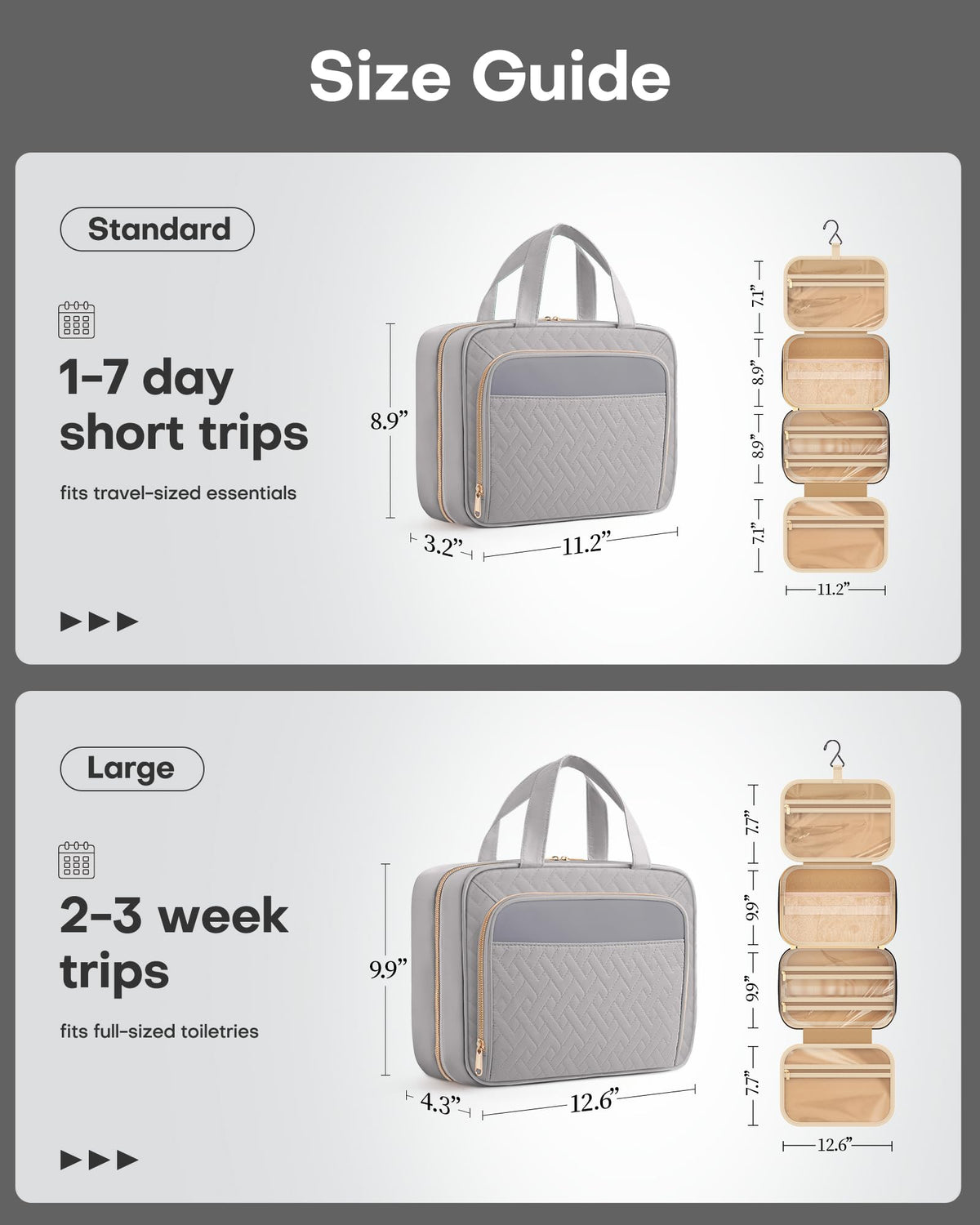 HOTOR Hanging Travel Toiletry Bag grey with metal hook hanging