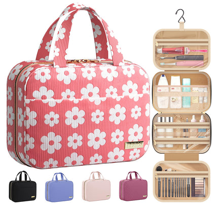 HOTOR Hanging Travel Toiletry Bag in pink and white daisy design front view