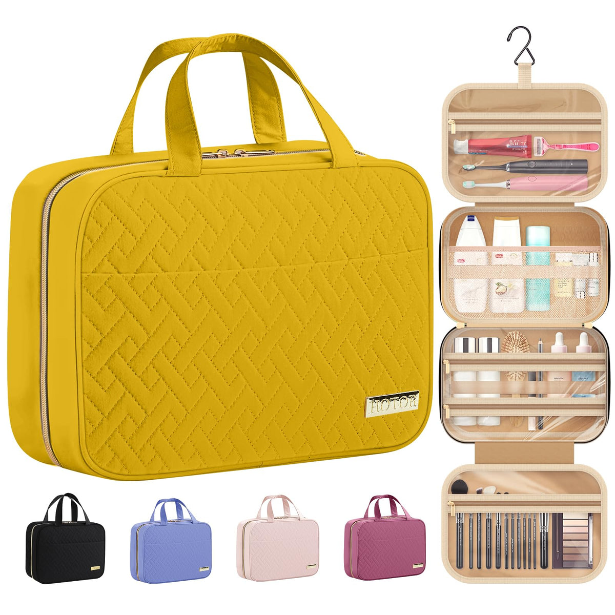 HOTOR Hanging Travel Toiletry Bag in yellow, front view