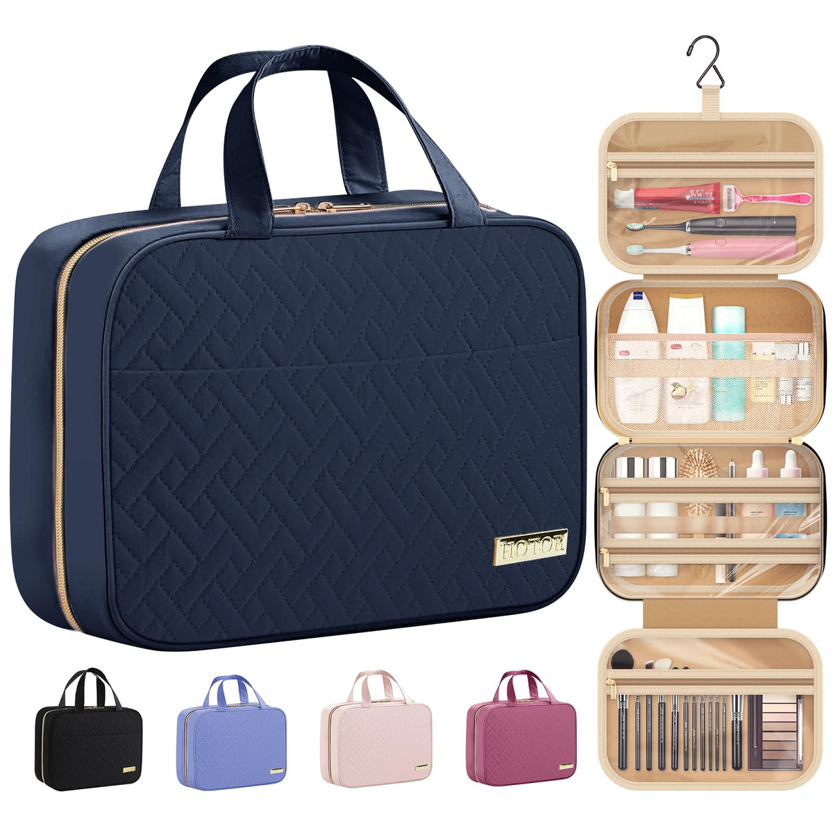 HOTOR Hanging Travel Toiletry Bag Navy Blue front view