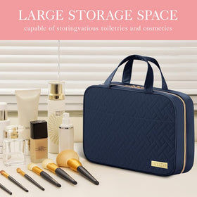 HOTOR Hanging Travel Toiletry Bag Navy Blue open with compartments