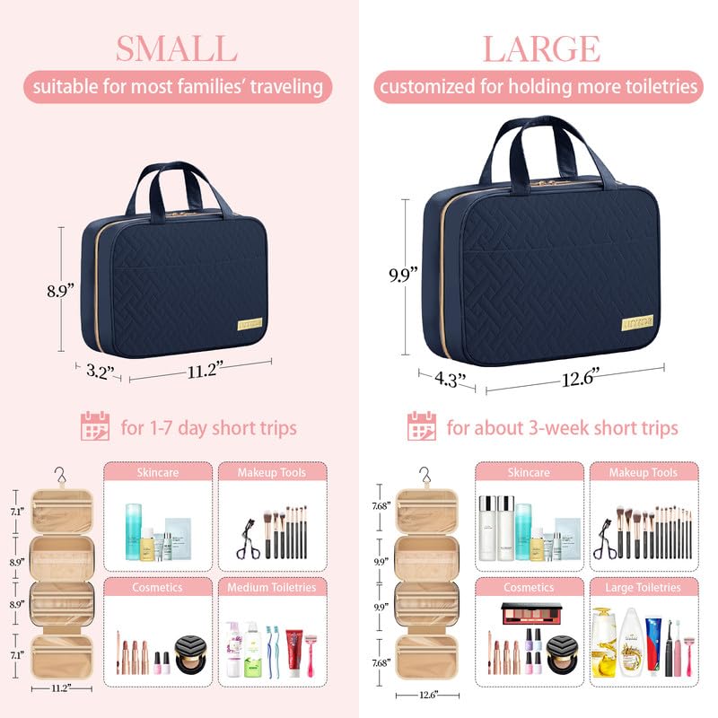 HOTOR Hanging Travel Toiletry Bag Navy Blue with toiletries inside