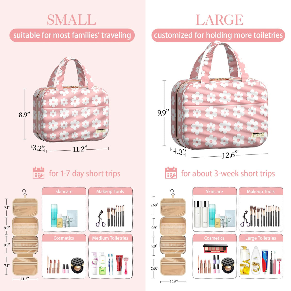 HOTOR Hanging Travel Toiletry Bag opened showing compartments and storage