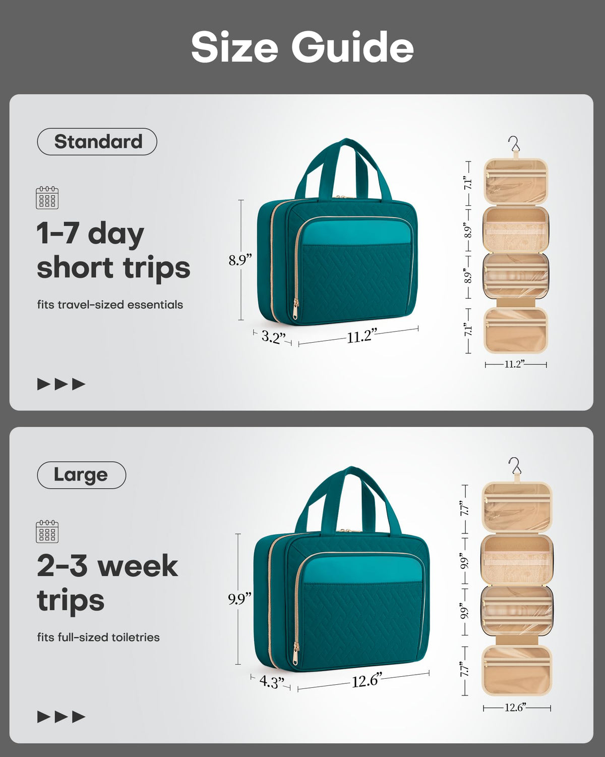 HOTOR Hanging Travel Toiletry Bag showing compartments and hook