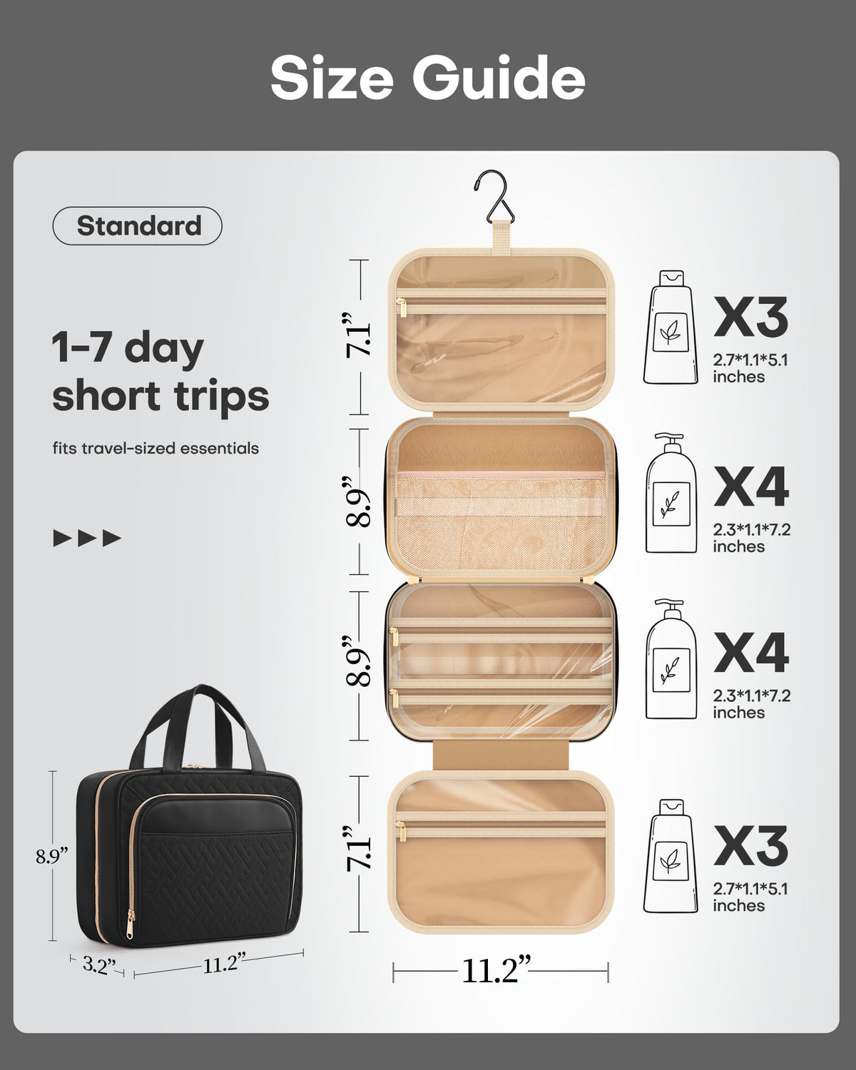 HOTOR Hanging Travel Toiletry Bag side view with zippers
