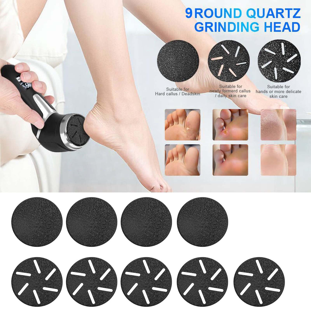 Hoxida Electric Callus Remover showing 9 grinding heads