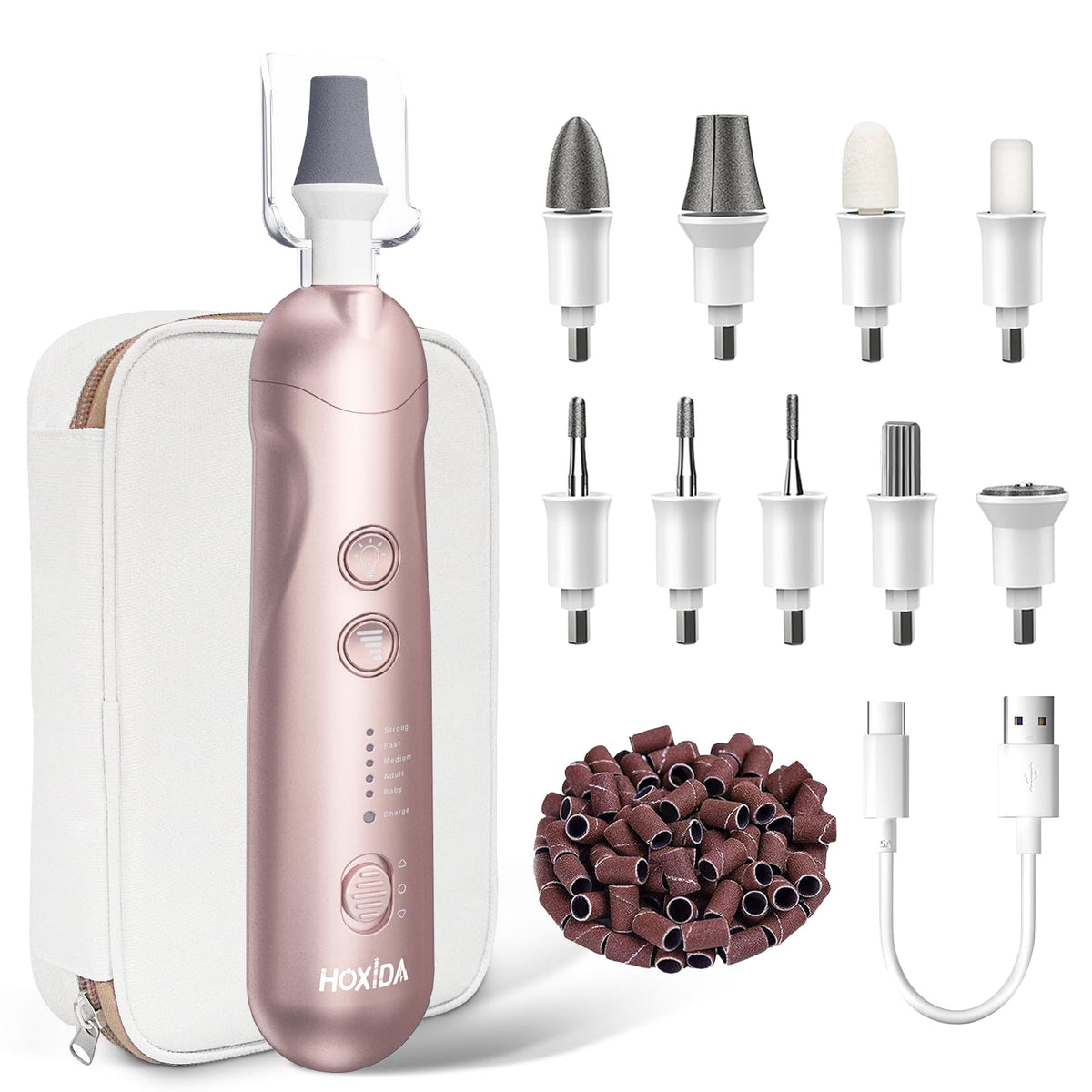 Hoxida Nail Drill Grinder front view with charging cable