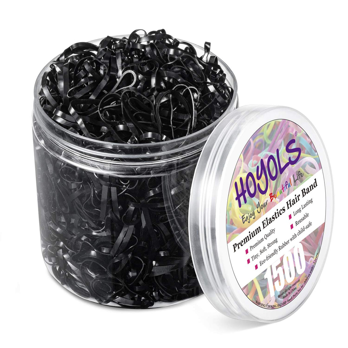 HOYOLS 1500 Pcs Black Elastic Hair Ties in re-usable container
