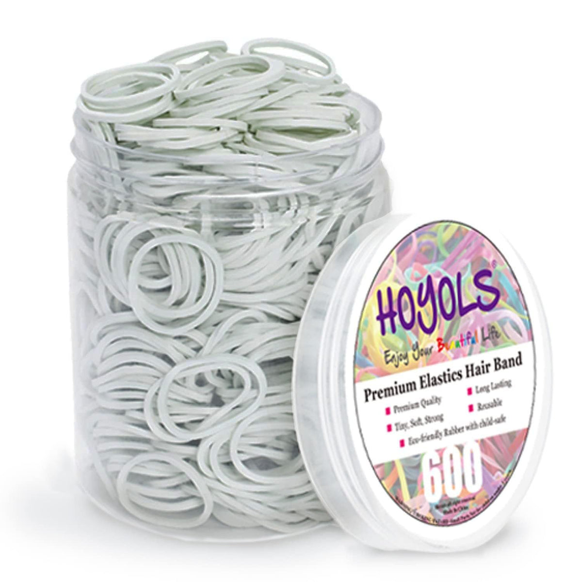 HOYOLS white rubber bands for hair, 600 pcs in clear container
