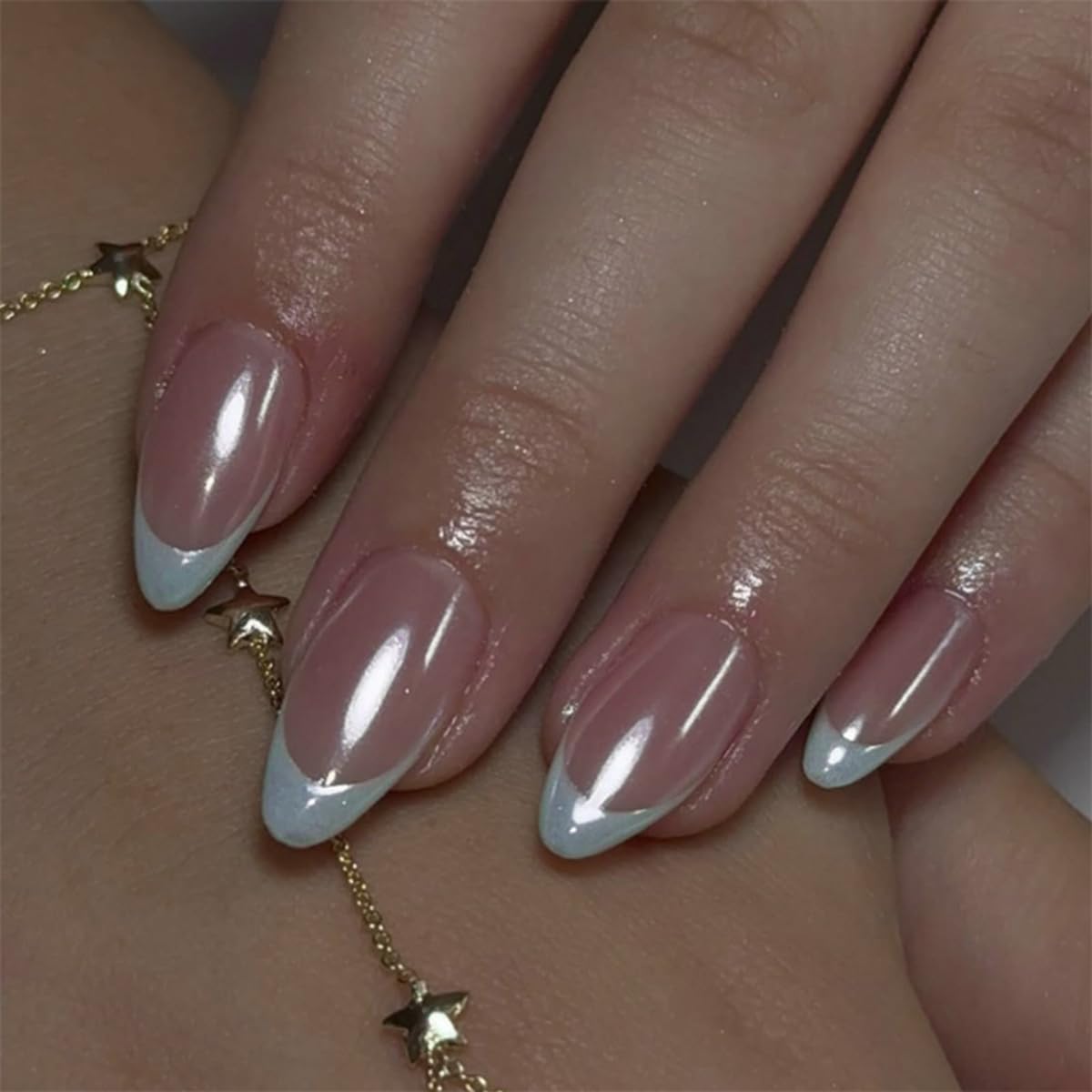 HPYFOI Blue French Tip Press on Nails medium almond front view