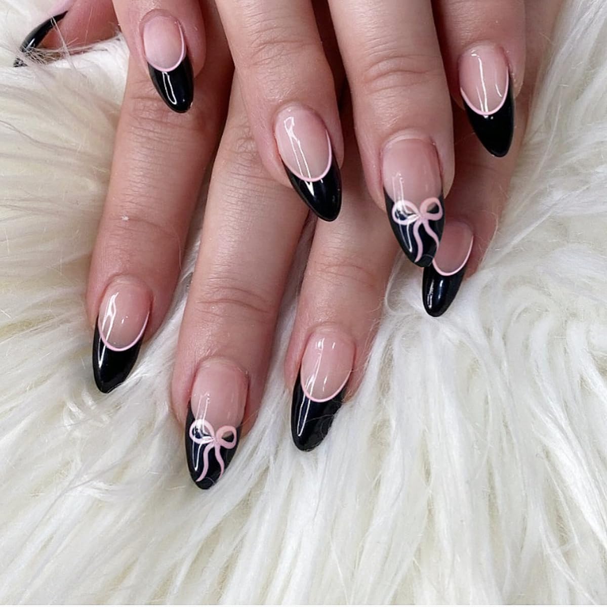 HPYFOI Medium Almond Press On Nails black French tip front view
