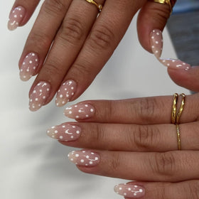 HPYFOI Press on Nails Short Almond Polka Dot design front view