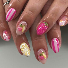 HPYFOI Press On Nails Short Almond Strawberry Lemon Striped front view