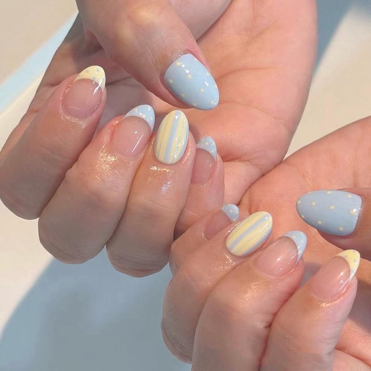 HPYFOI Short Almond Press On Nails light blue and yellow design front view