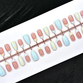 HPYFOI Short Almond Press On Nails packaging with included accessories