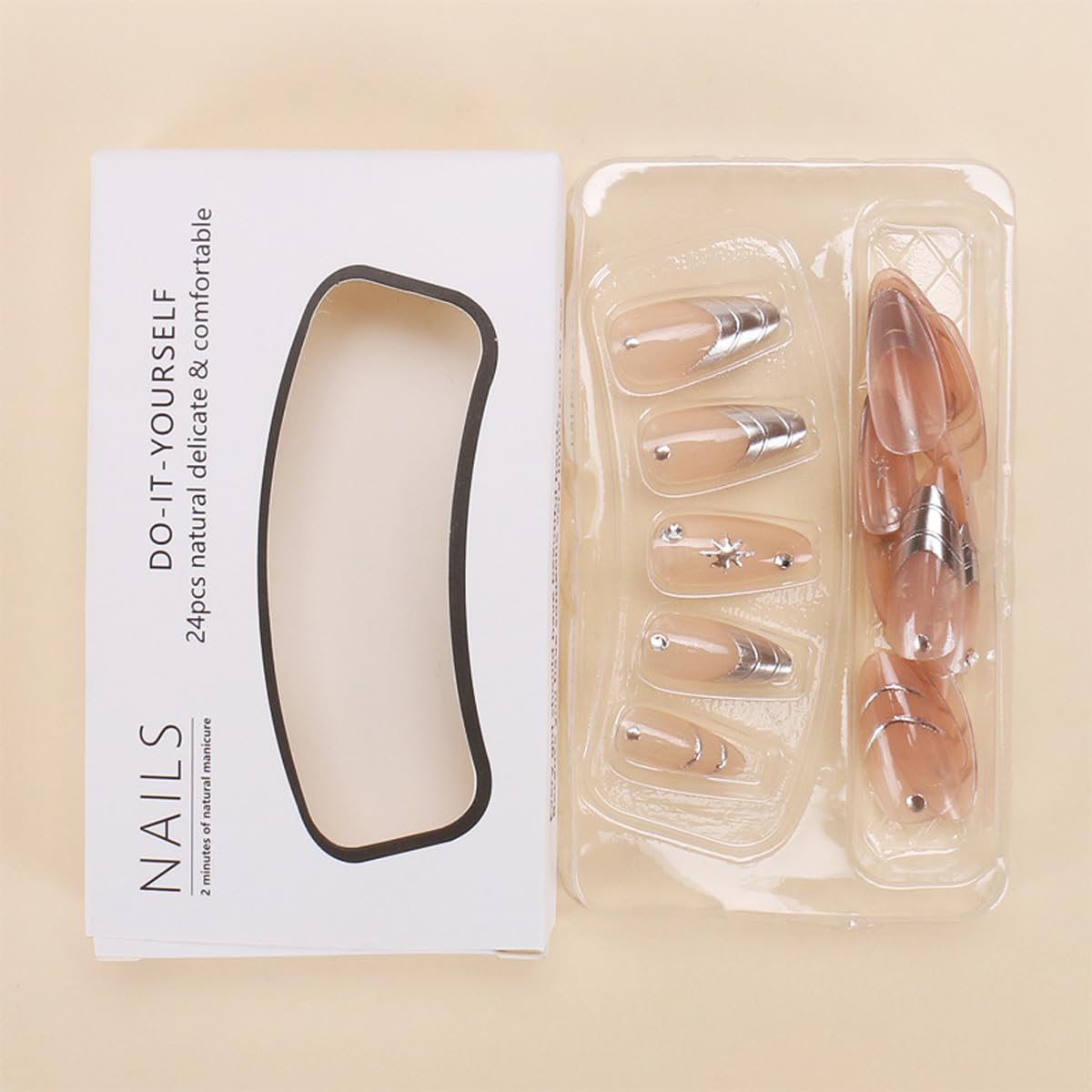 HPYFOI Silver Press on Nails Medium Almond close-up of design