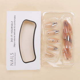 HPYFOI Silver Press on Nails Medium Almond close-up of design
