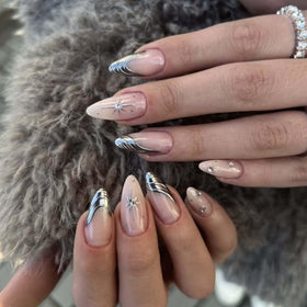 HPYFOI Silver Press on Nails Medium Almond front view