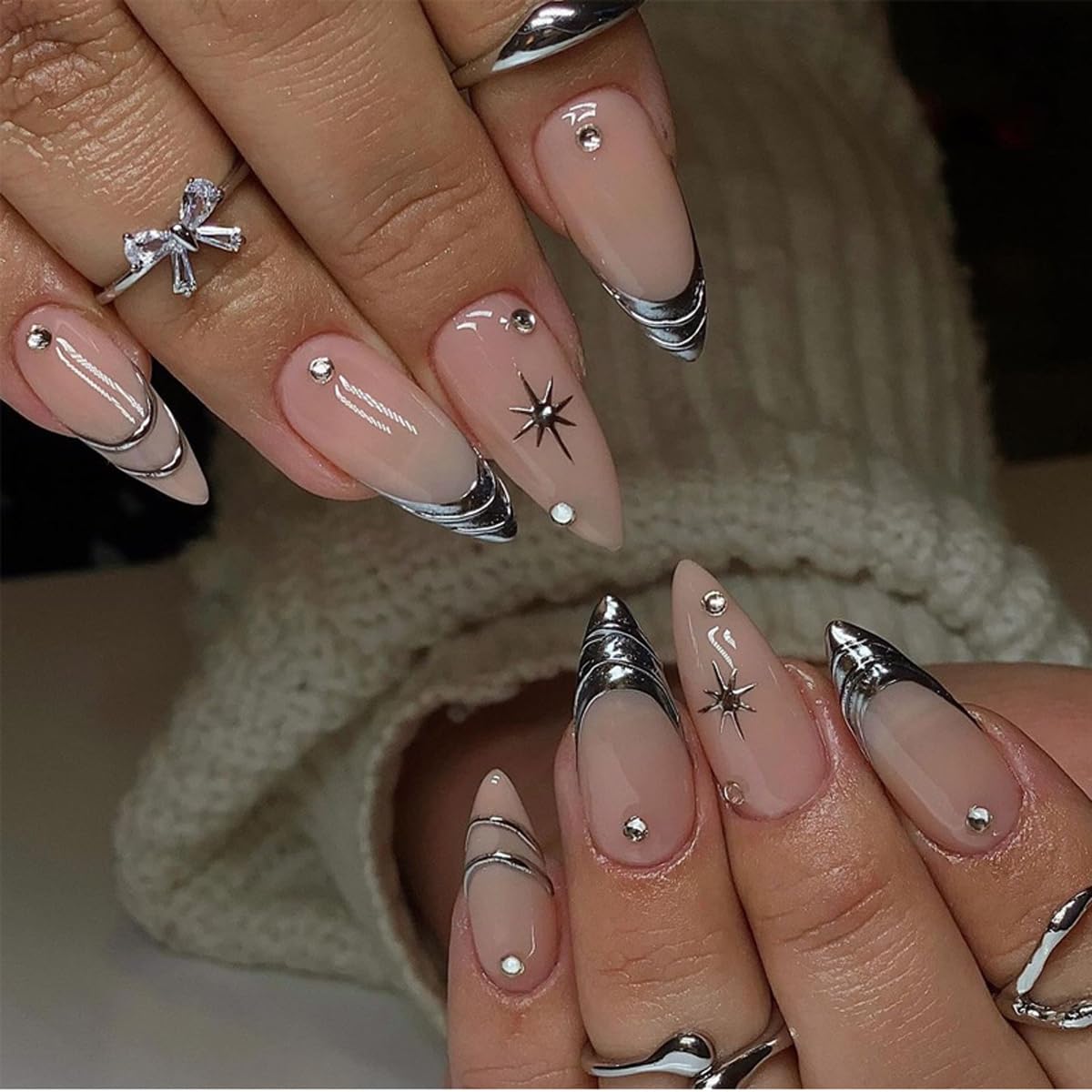 HPYFOI Silver Press on Nails Medium Almond packaging