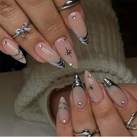 HPYFOI Silver Press on Nails Medium Almond packaging