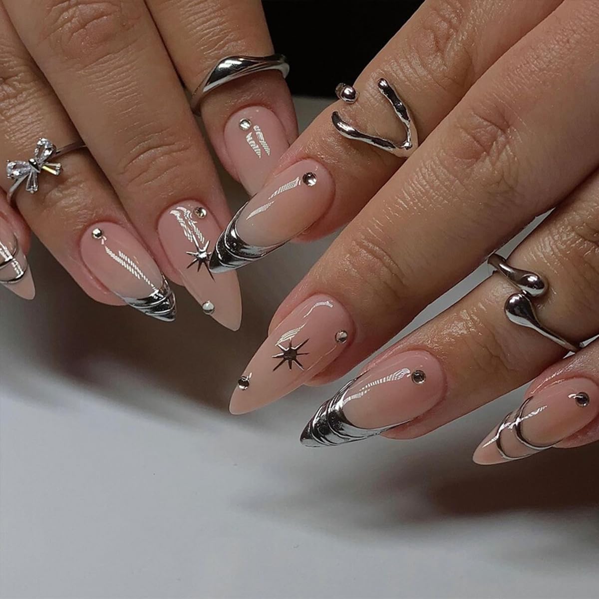 HPYFOI Silver Press on Nails Medium Almond with nail file and stickers