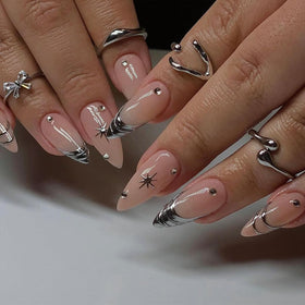 HPYFOI Silver Press on Nails Medium Almond with nail file and stickers