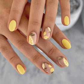 HPYFOI Summer Lemon Press on Nails front view with yellow design