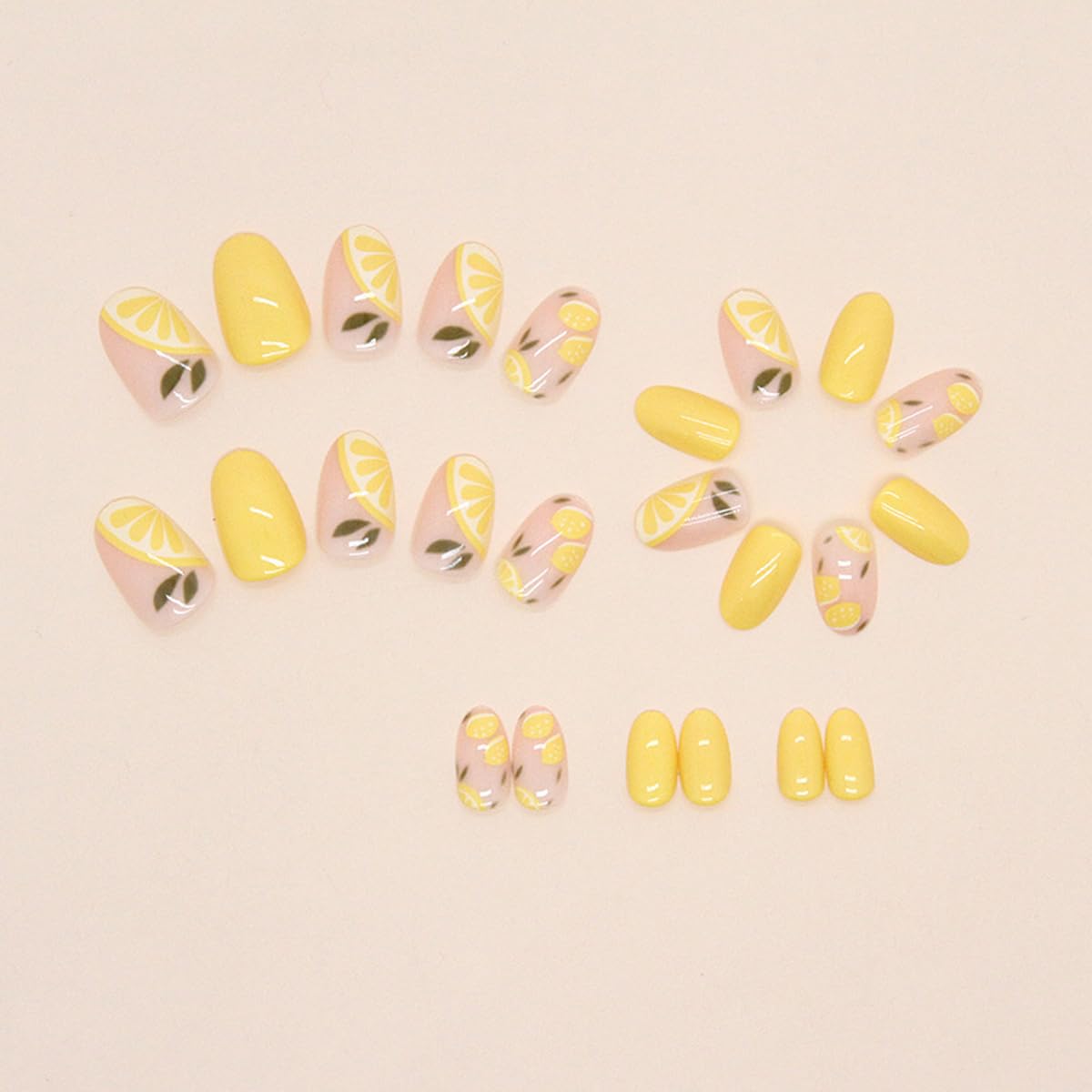 HPYFOI Summer Lemon Press on Nails in various sizes displayed