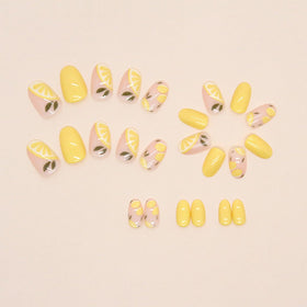 HPYFOI Summer Lemon Press on Nails in various sizes displayed