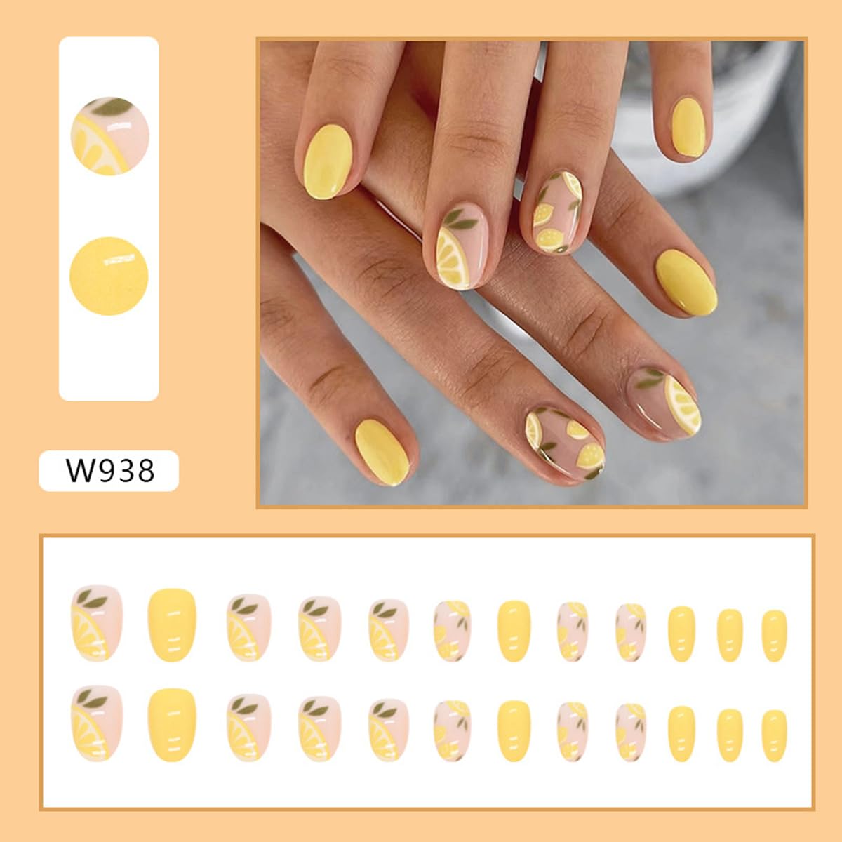 HPYFOI Summer Lemon Press on Nails showing included mini nail file and wooden stick