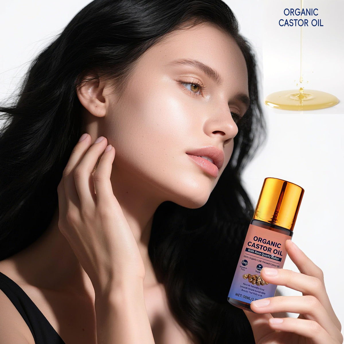 HTBGAA Organic Castor Oil Roll On, back view of packaging