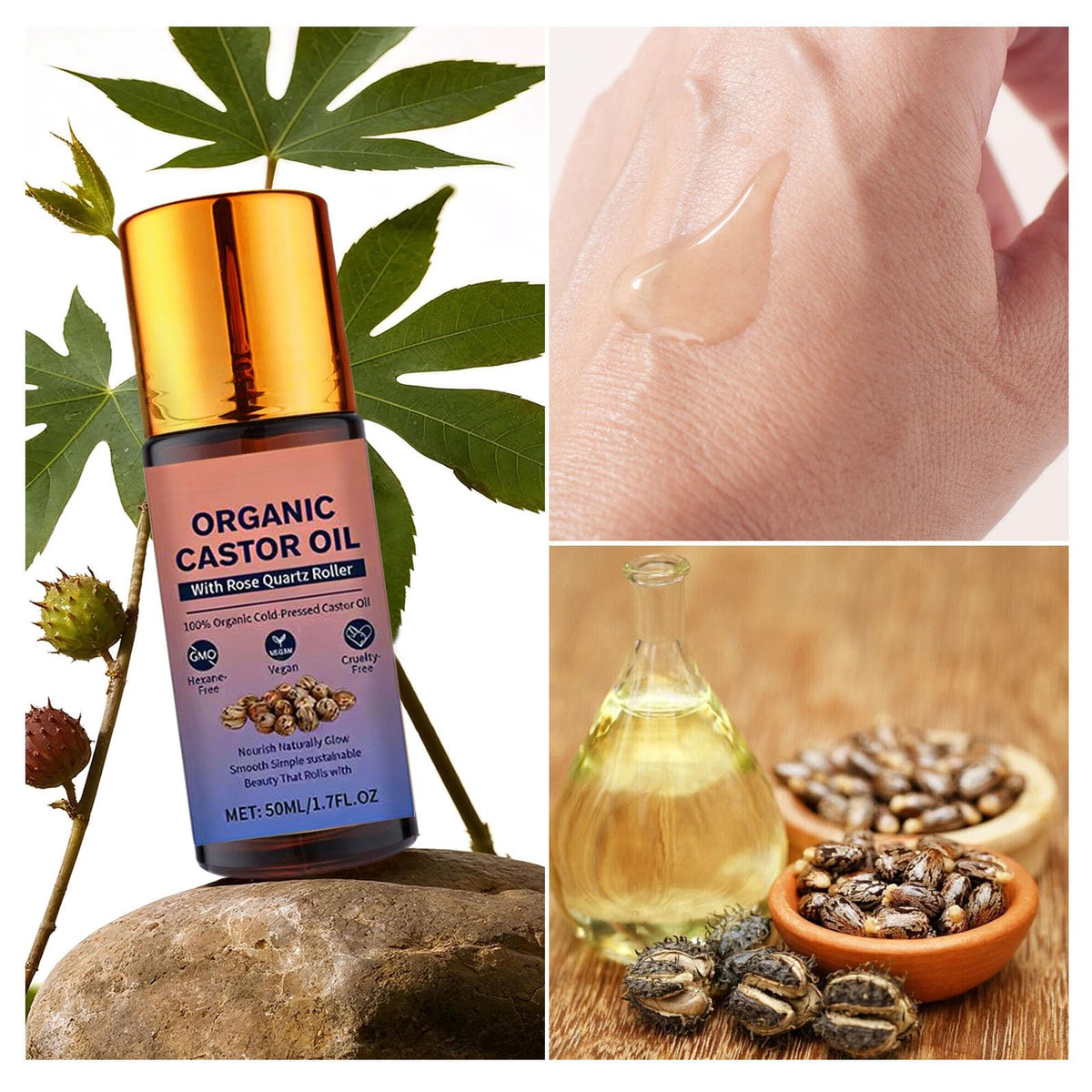 HTBGAA Organic Castor Oil Roll On, packaging and label