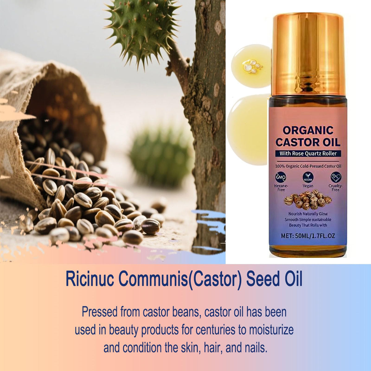 HTBGAA Organic Castor Oil Roll On, with rose quartz roller close-up