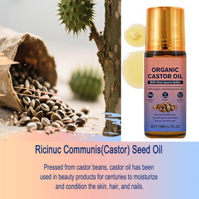 HTBGAA Organic Castor Oil Roll On, with rose quartz roller close-up