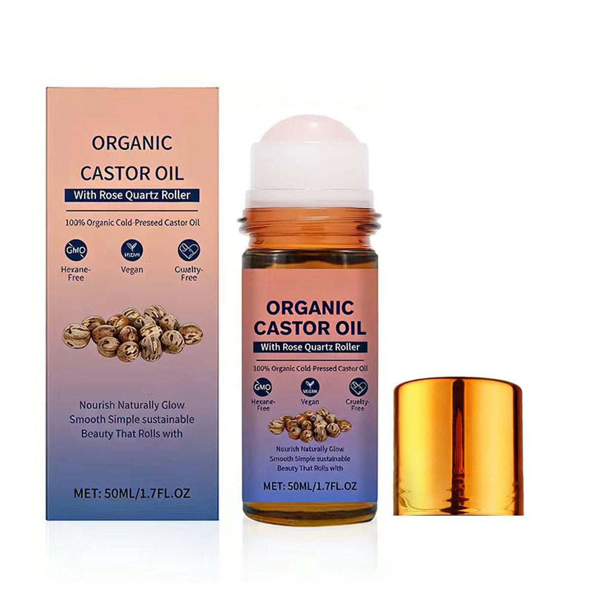HTBGAA Organic Castor Oil Roll On with Rose Quartz Roller, front view