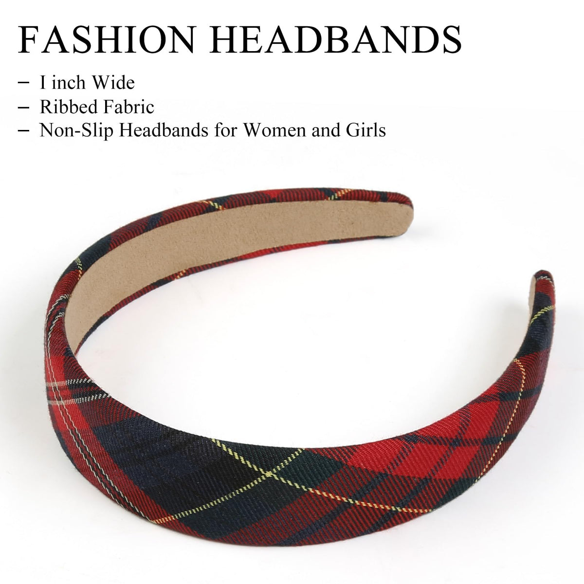 Huachi green plaid headband displayed with holiday decorations