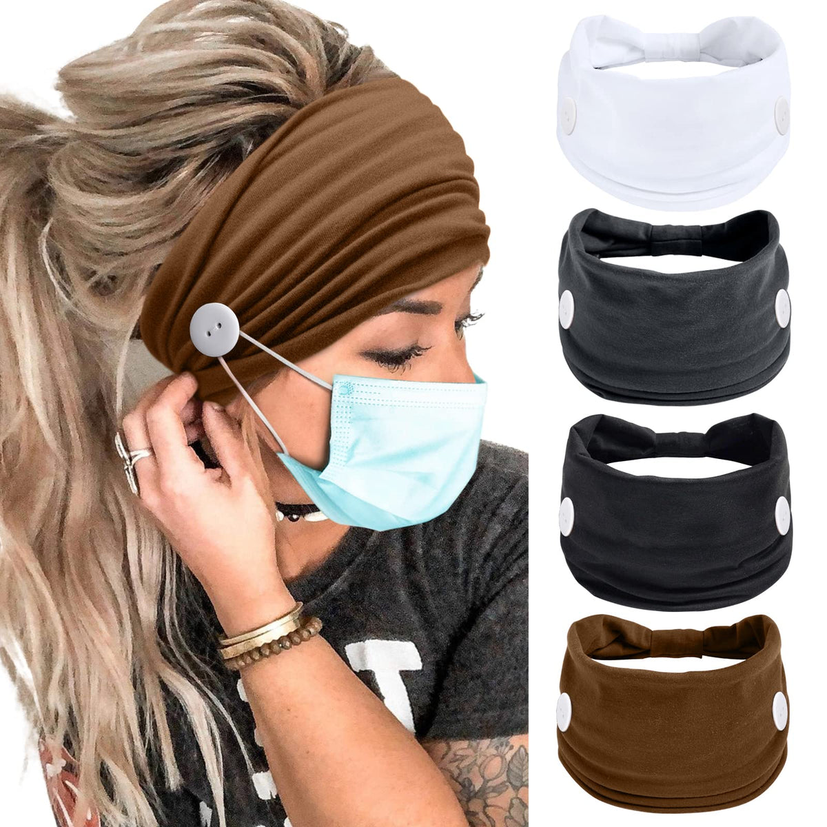 Huachi headband with buttons for mask ear protection, front view