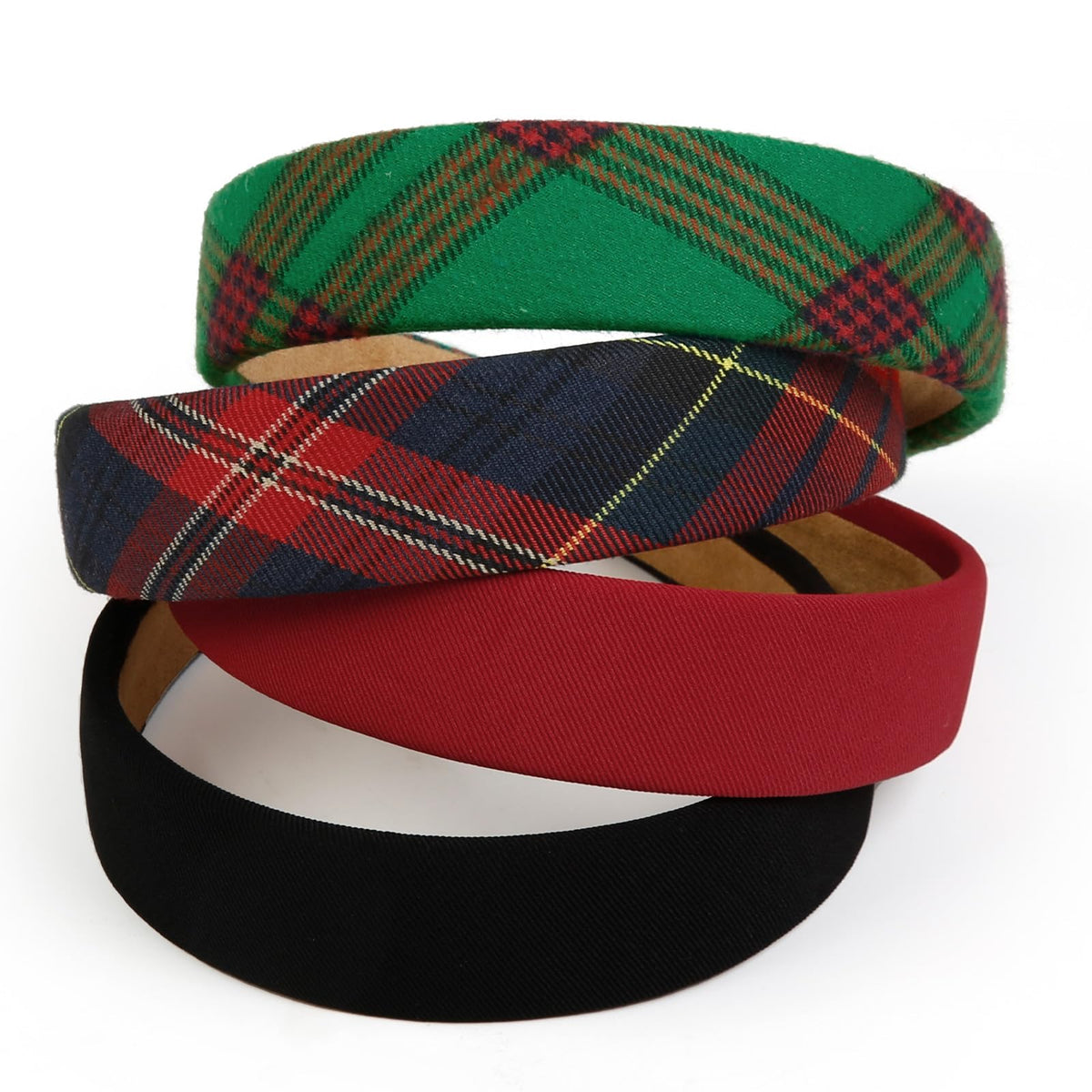 Huachi red plaid headband worn by a model at a holiday party