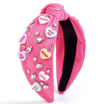 Huachi Valentine’s Day Headband pink with rhinestones and hearts front view