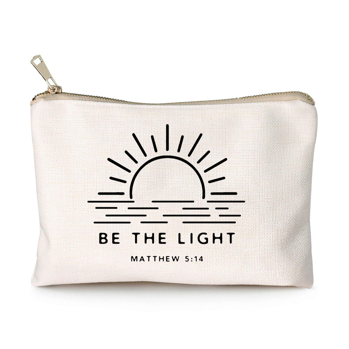HubbgDesign Be The Light makeup bag front view with scripture detail